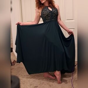 Elegant Lace Overlay Dark Green Dress